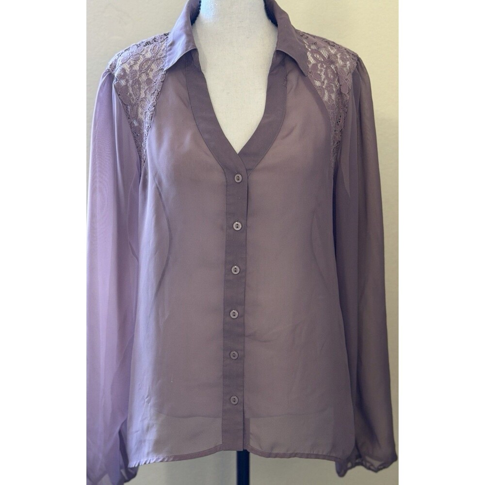 Studio Y Lavender Sheer Blouse Large Lace Open Back Button Down Romantic Boho - Picture 2 of 6